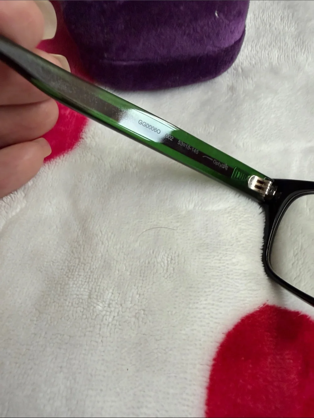 Gucci Black Frames with Green Temples and Purple Case